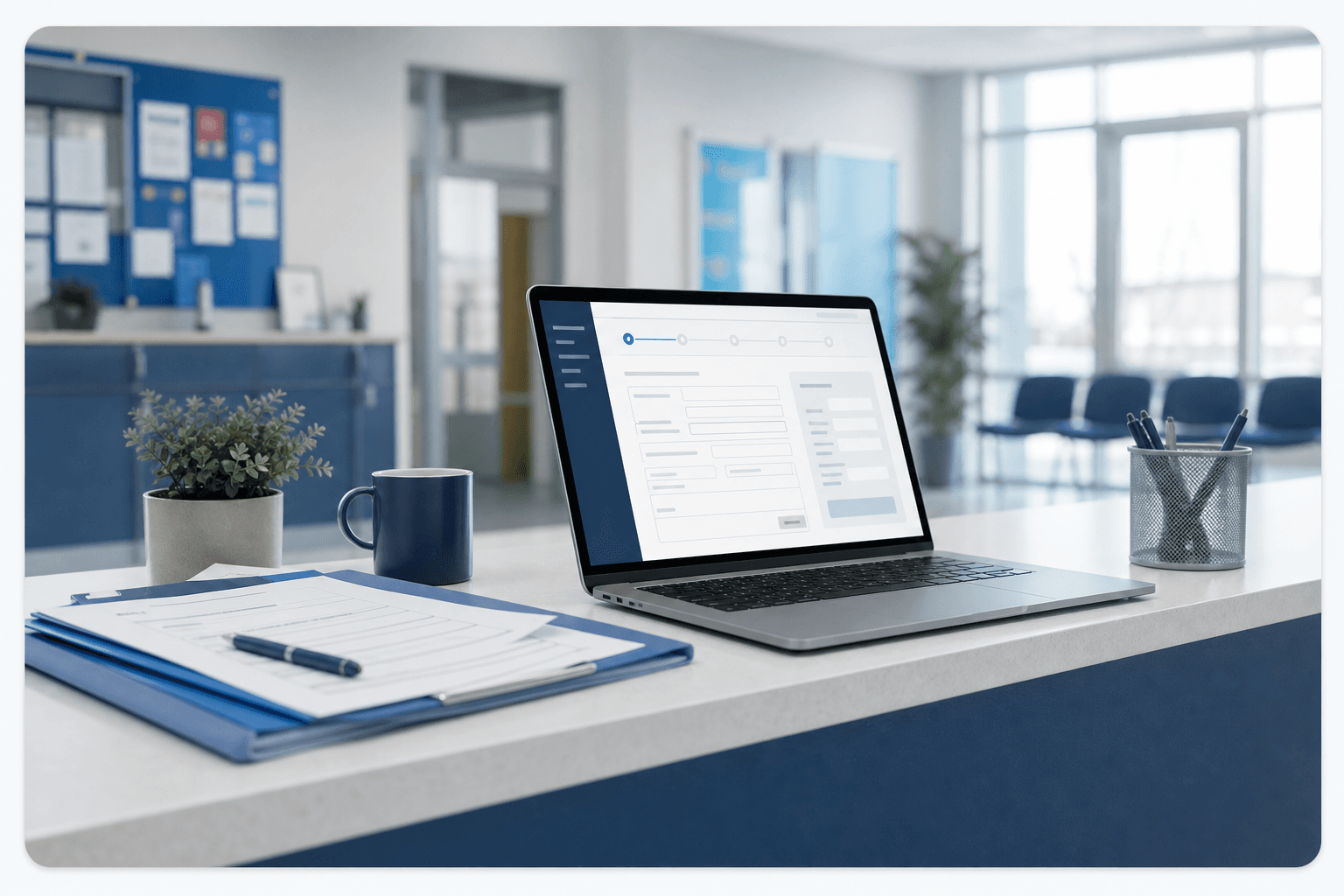 School enrollment office with registration materials